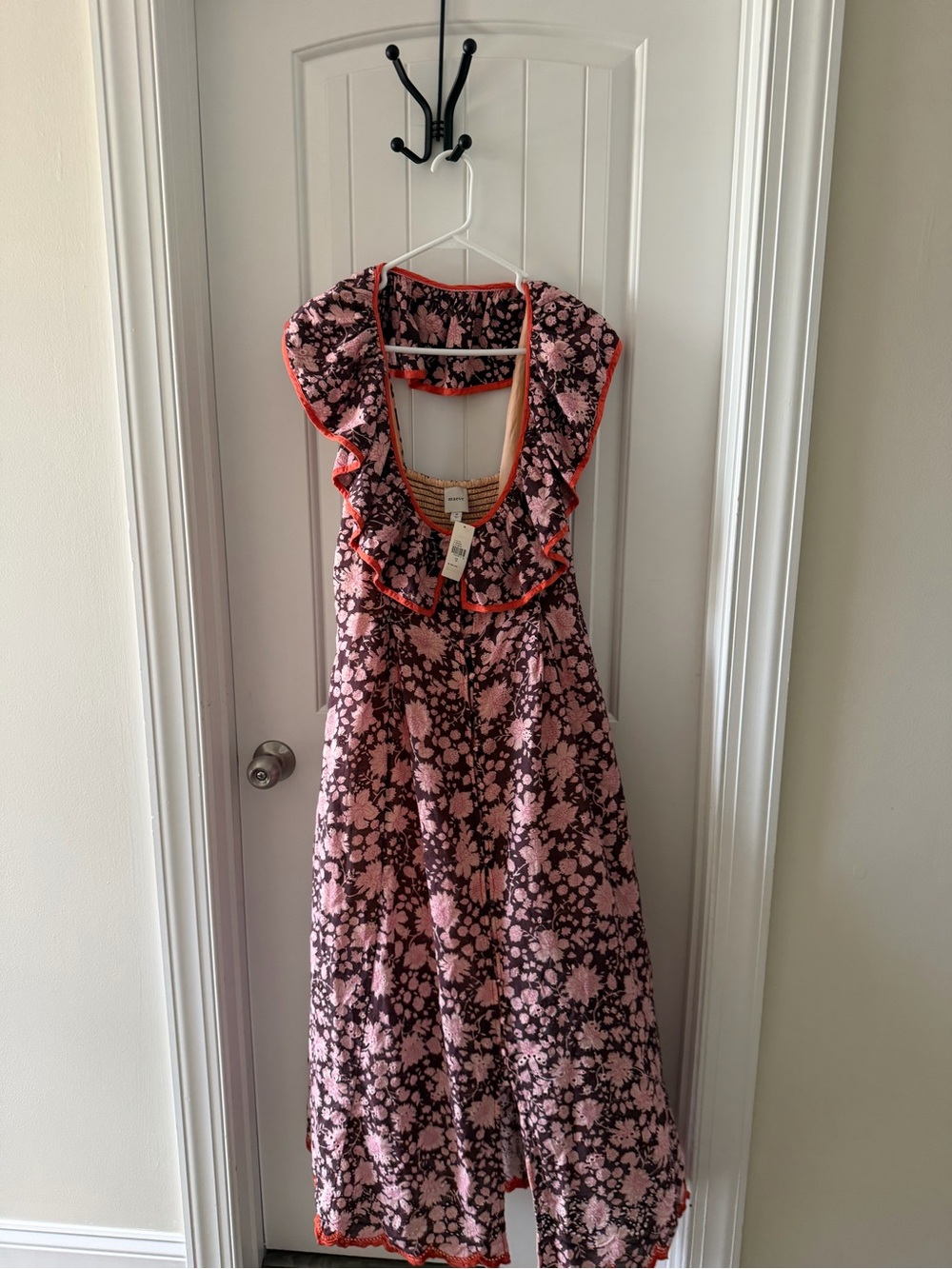 Maeve Pink Floral Ruffle Maxi Dress with Coral Trim